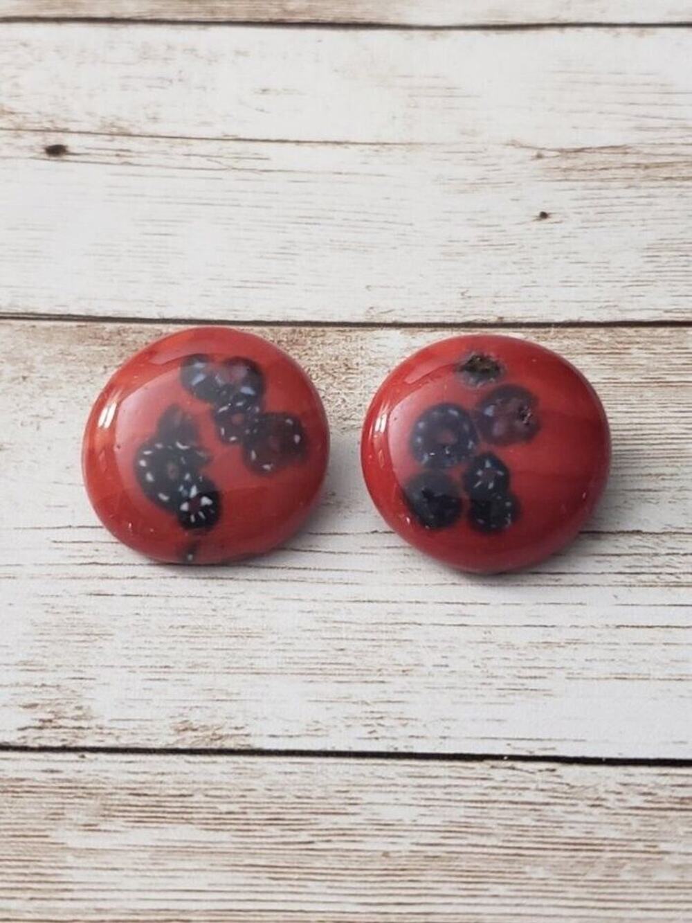 Vintage Clip On Earrings - Unusual Design Red Circular 1 & 1/8"